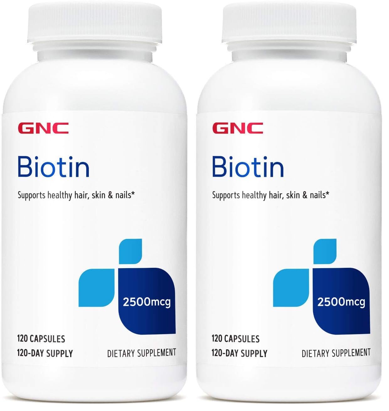 GNC Biotin 2500mcg capsules in bottle for daily hair, skin, nails support.