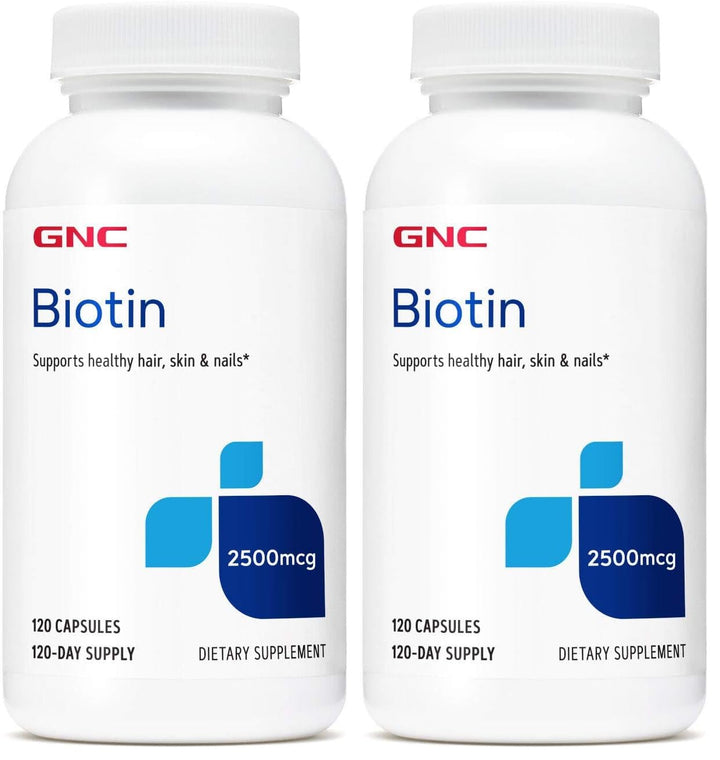 GNC Biotin 2500mcg capsules in bottle for daily hair, skin, nails support.