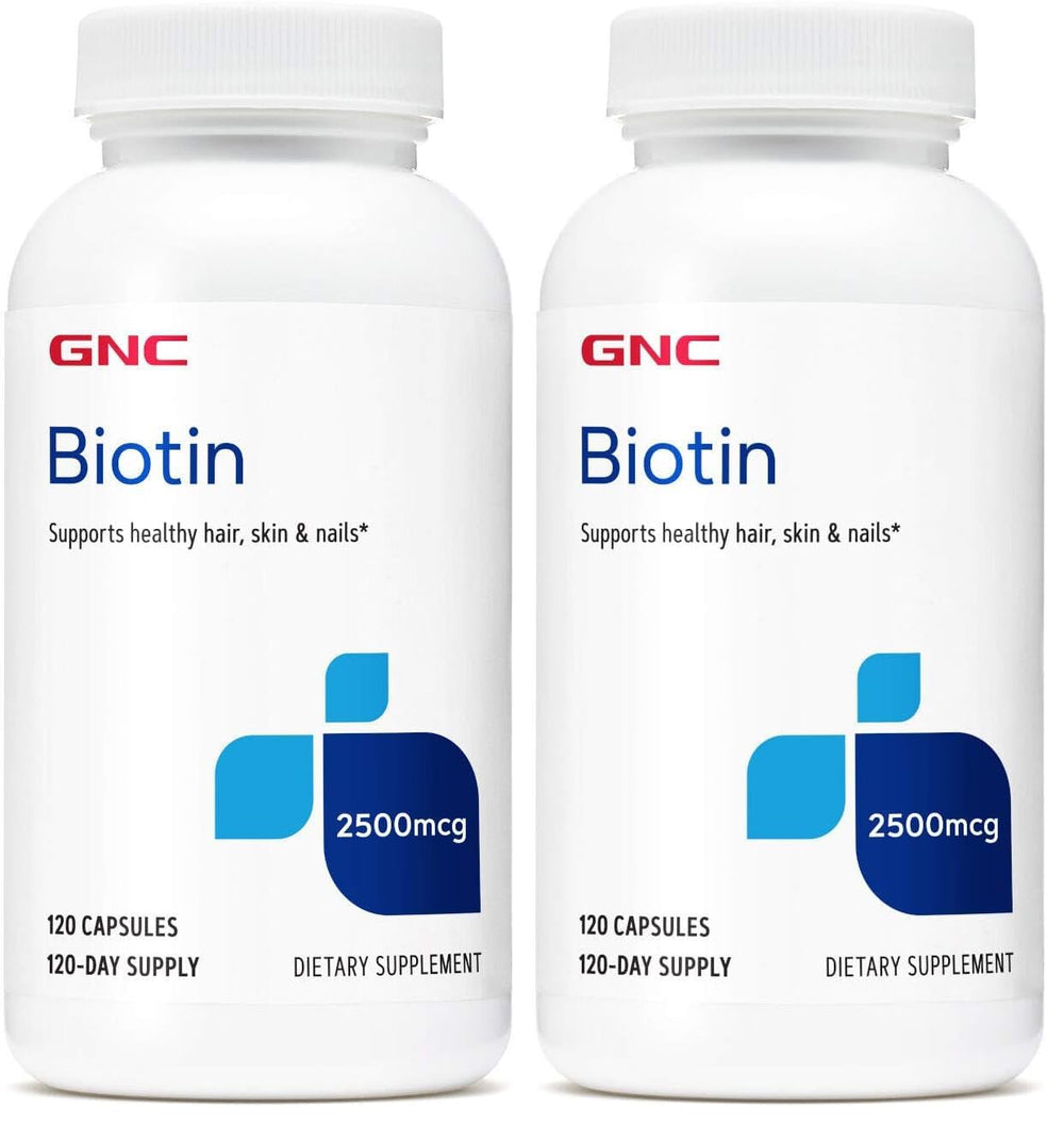 GNC Biotin 2500mcg capsules in bottle for daily hair, skin, nails support.