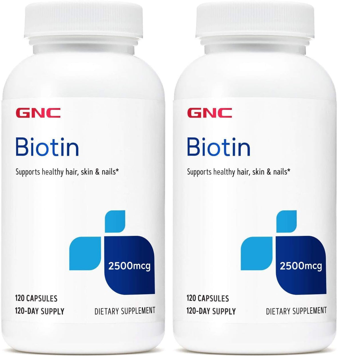 GNC Biotin 2500mcg capsules in bottle for daily hair, skin, nails support.
