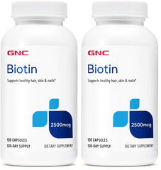 GNC Biotin 2500mcg capsules in bottle for daily hair, skin, nails support.
