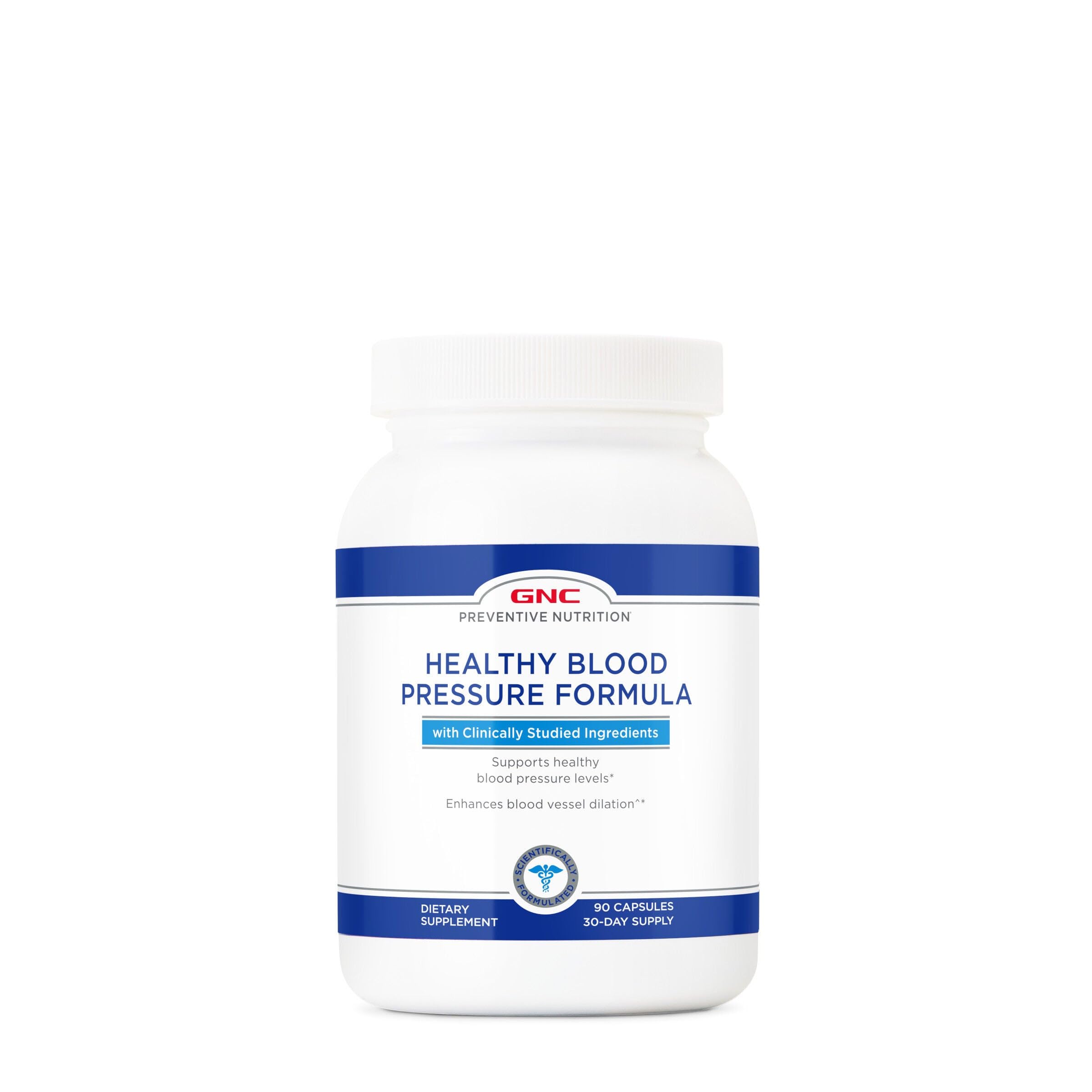 GNC Preventive Nutrition Blood Pressure bottle shows 90 capsules for a 30-day supply.