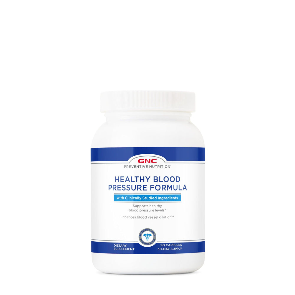 GNC Preventive Nutrition Blood Pressure bottle shows 90 capsules for a 30-day supply.