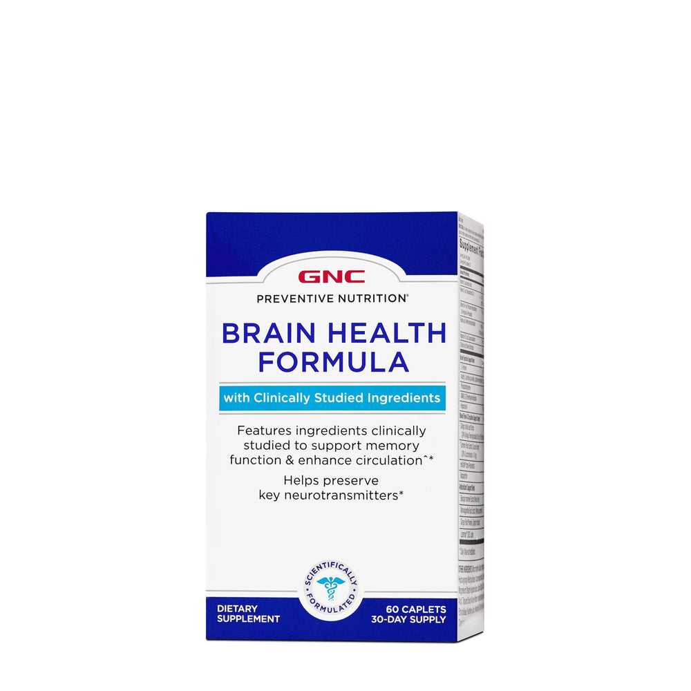 GNC Brain Health Formula bottle front showing caplets for memory and circulation.