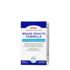 GNC Brain Health Formula bottle front showing caplets for memory and circulation.