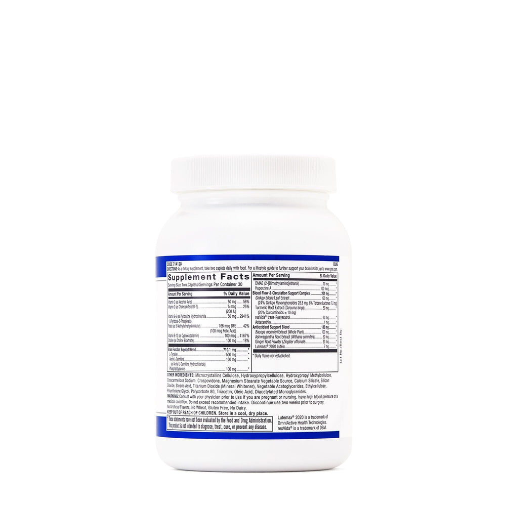 GNC Brain Health Formula nutrition label close-up emphasizing B vitamins for nerve health.