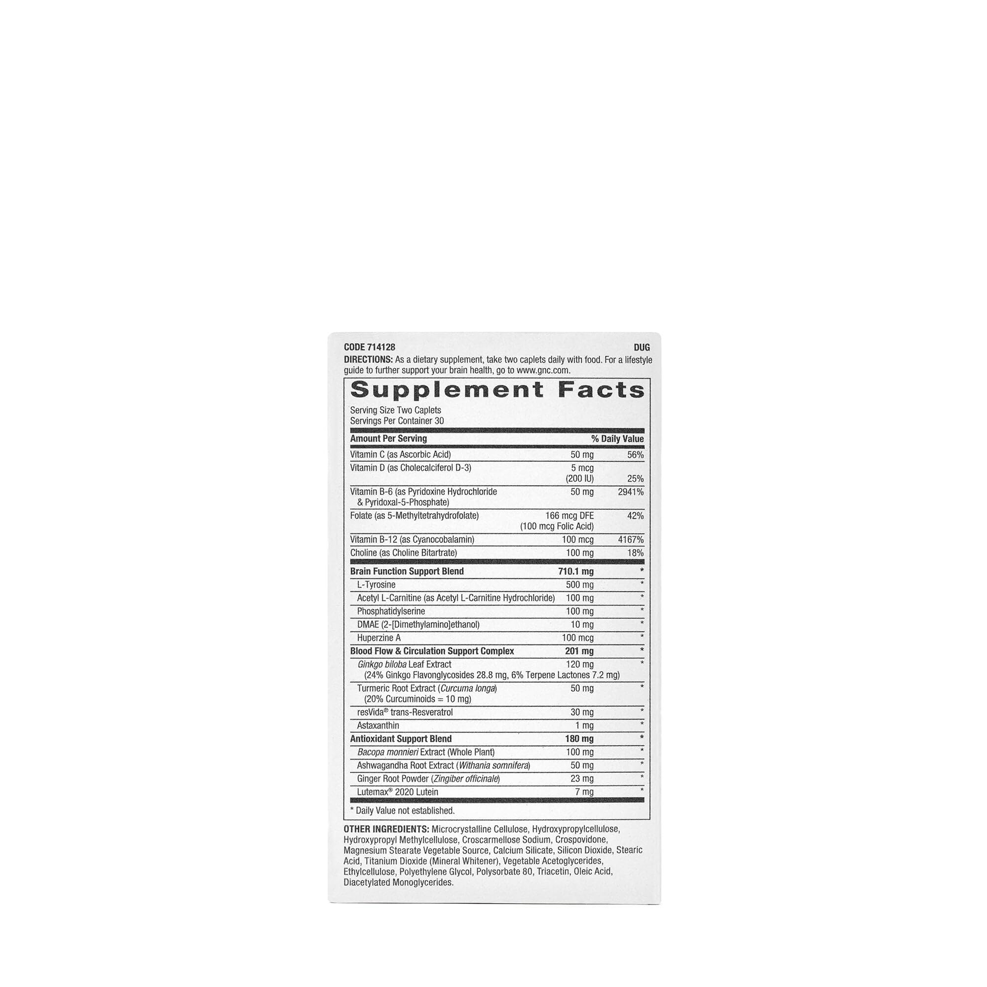 GNC Brain Health Formula tablets close-up highlighting memory support.