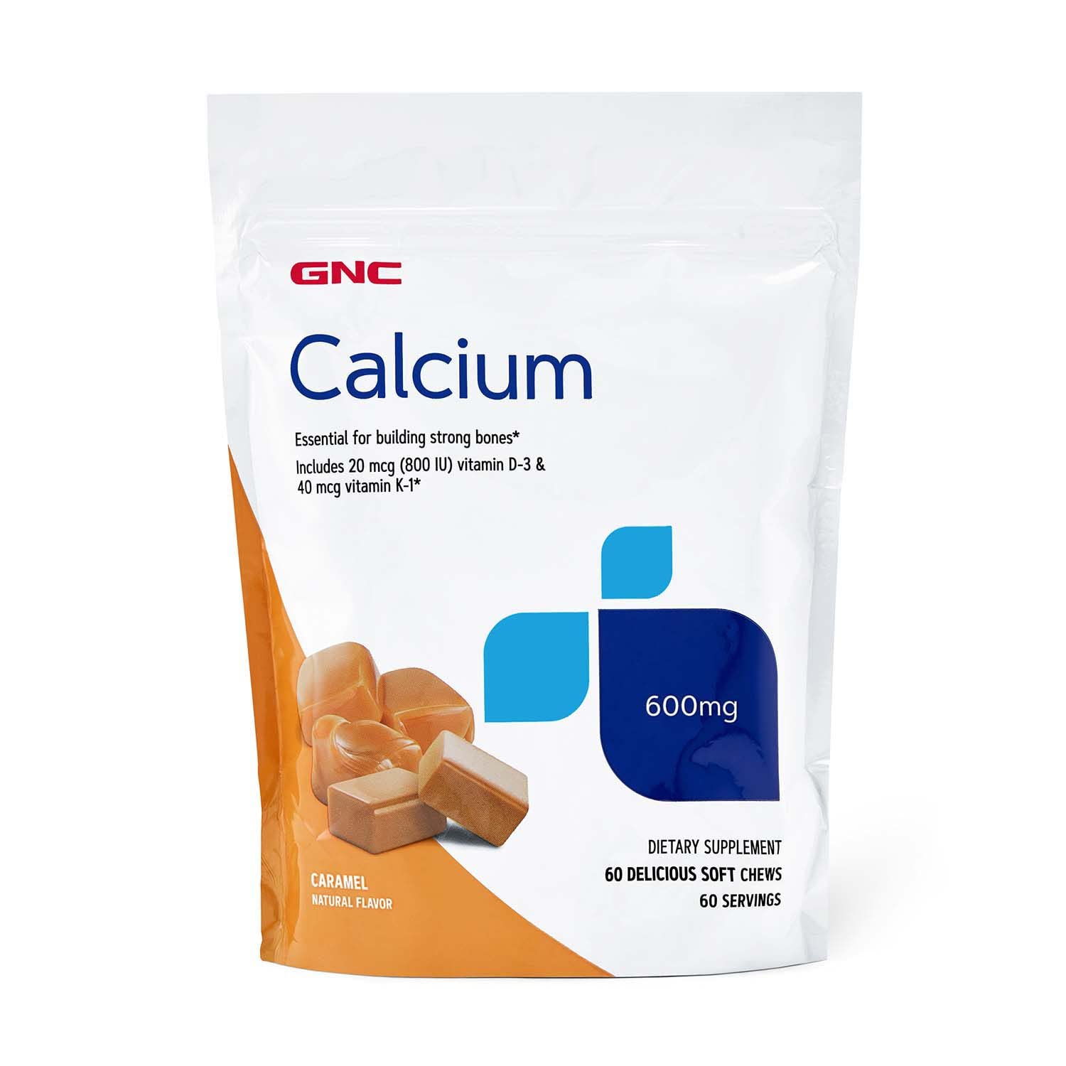 GNC Calcium 600mg soft chews bottle with caramel flavor for daily bone support