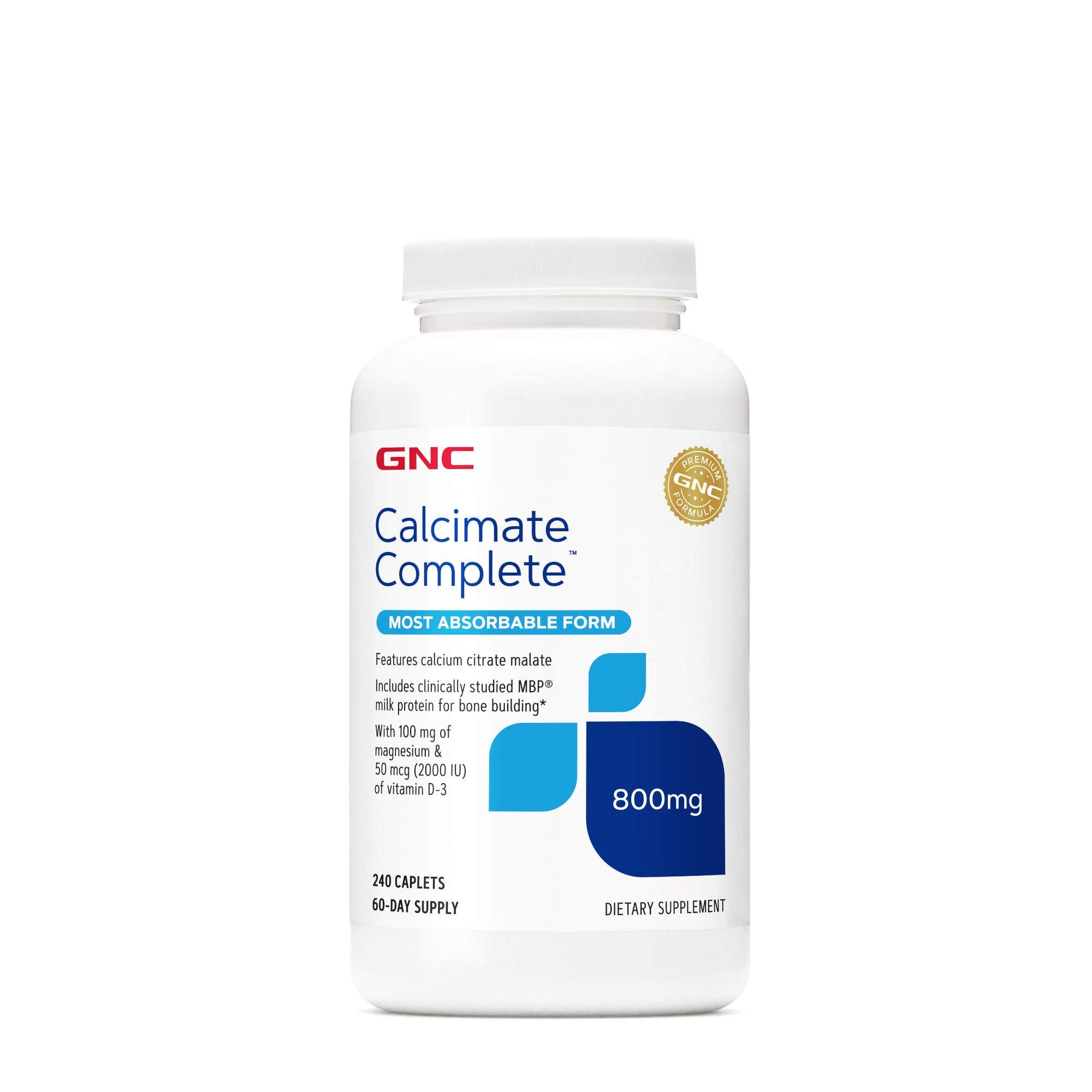 GNC Calcium Complete 800mg caplets bottle for daily bone support.