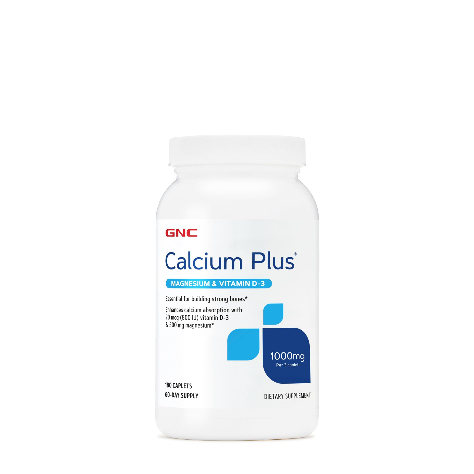 GNC Calcium Plus Magnesium with Vitamin D-3 1000mg bottle on a kitchen counter; supports daily bone health