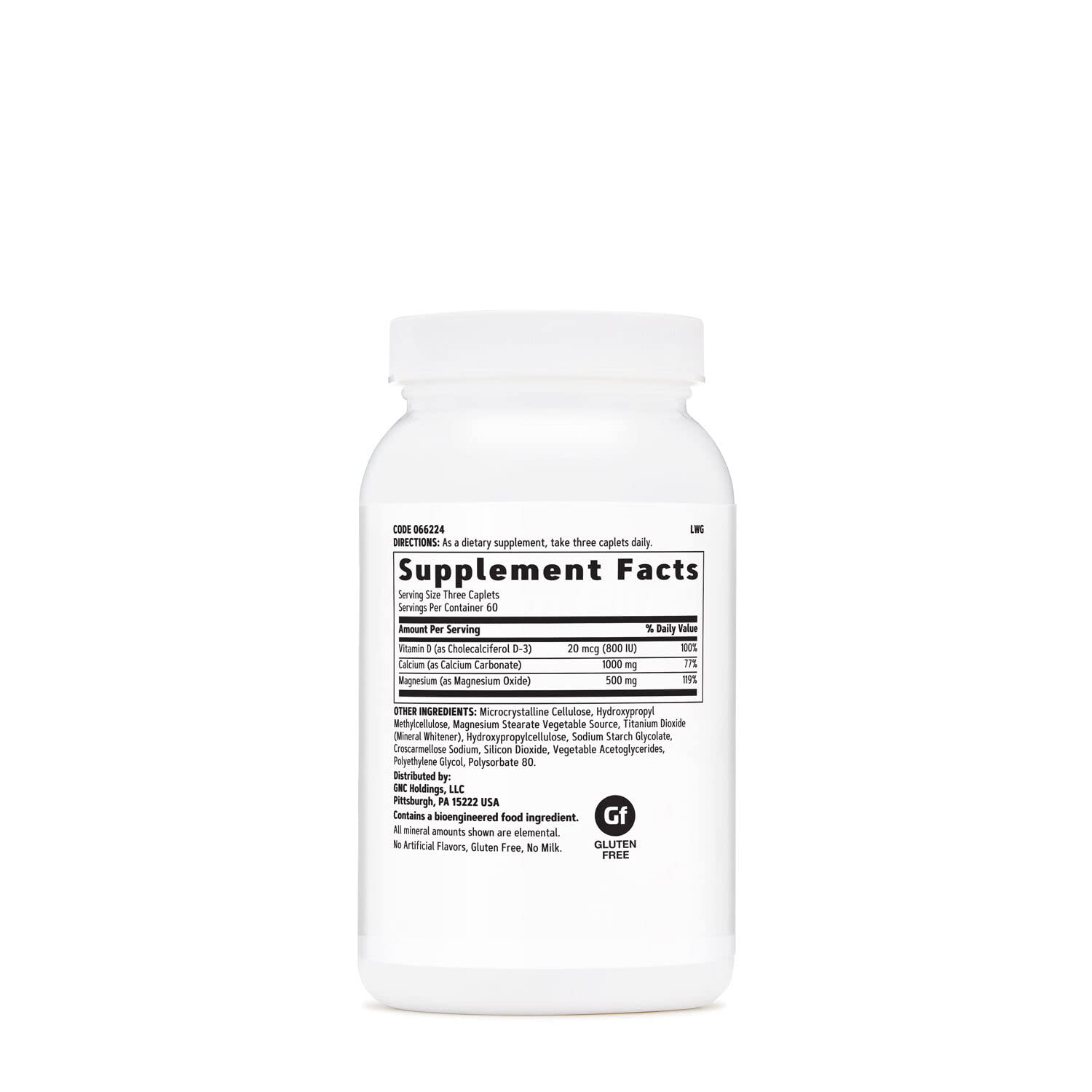 Close-up of the GNC label showing 1000mg calcium; magnesium and D-3 for absorption support