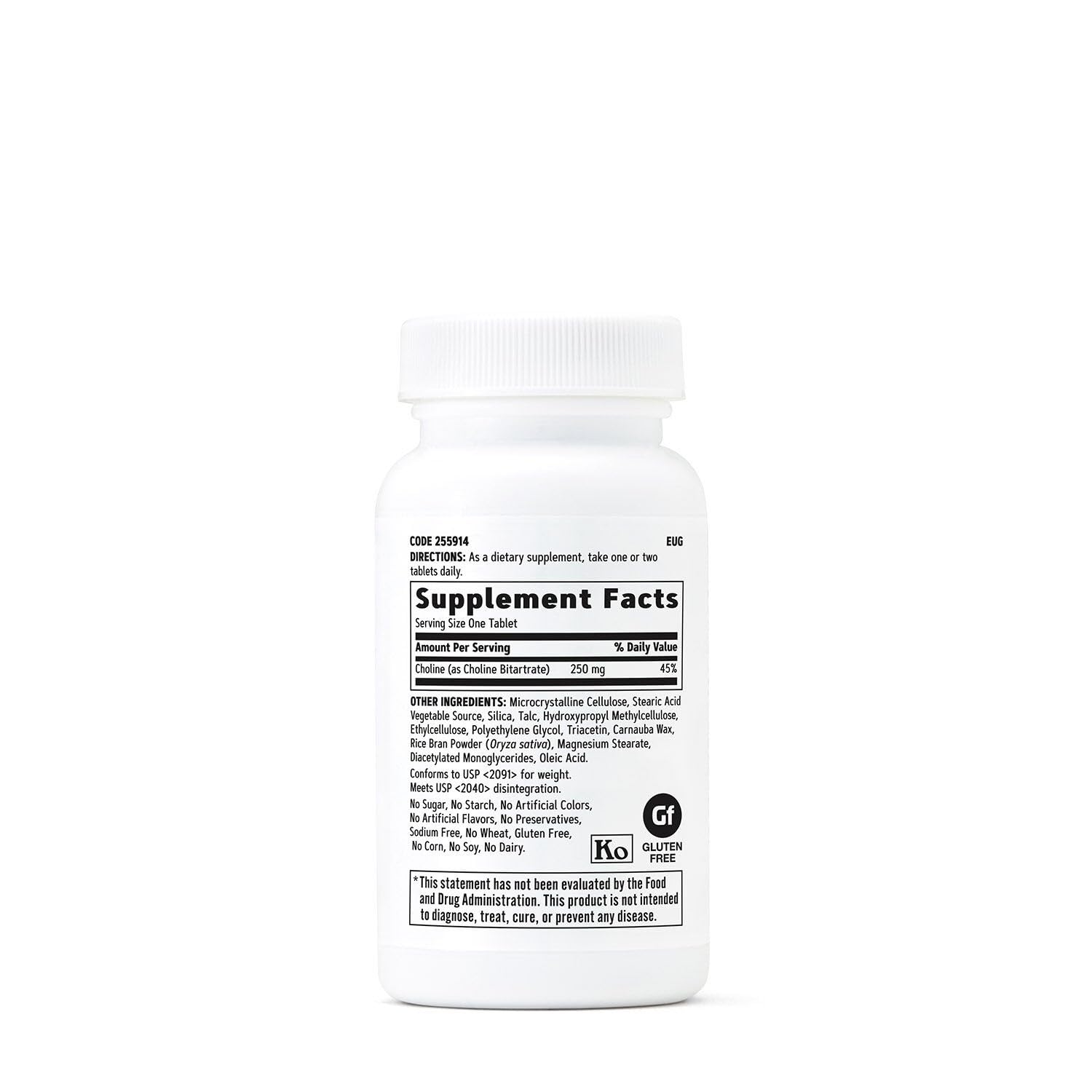 GNC Choline 250mg bottle label showing 100 count and no artificial additives.