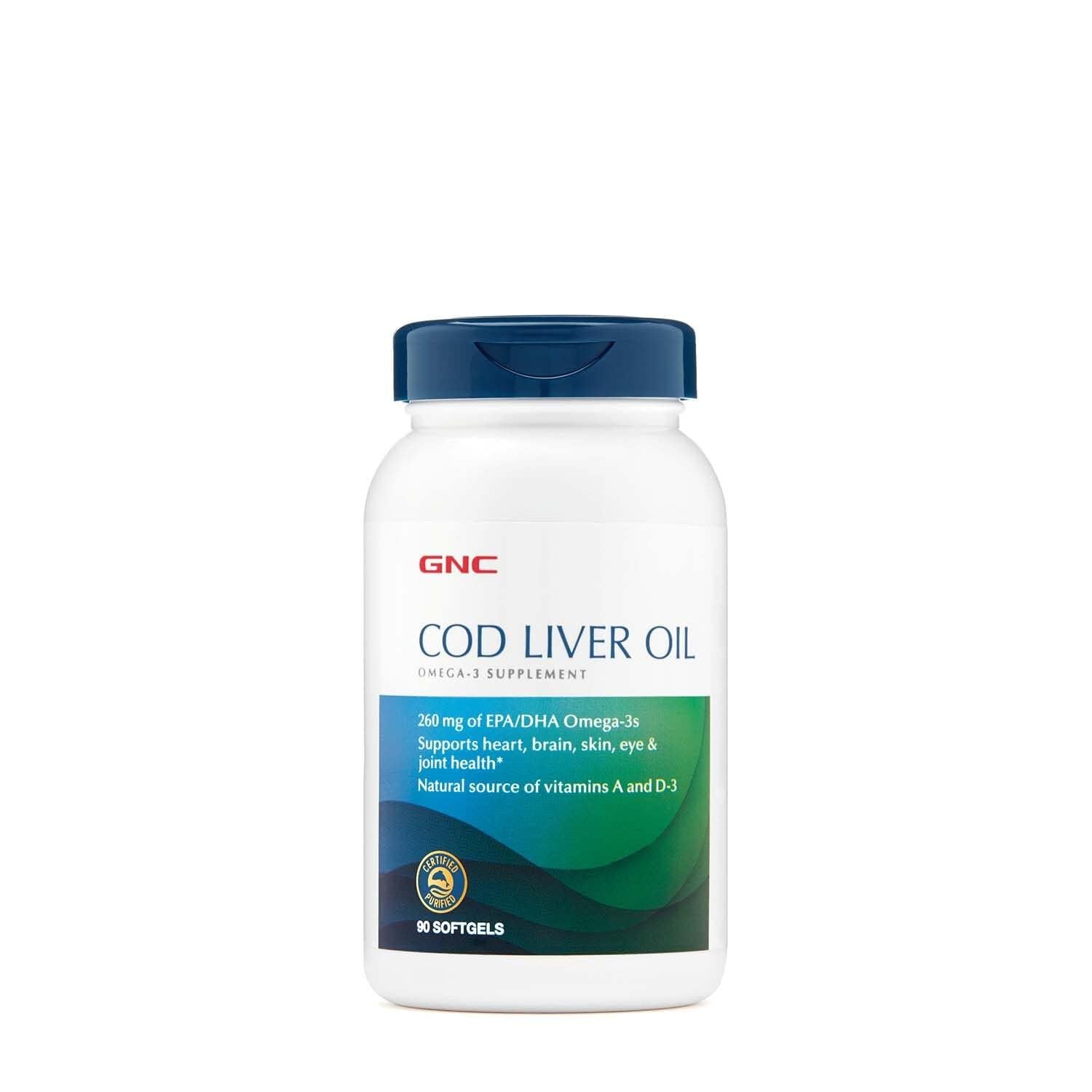 GNC cod liver oil bottle front view highlighting omega 3 benefits for heart and brain