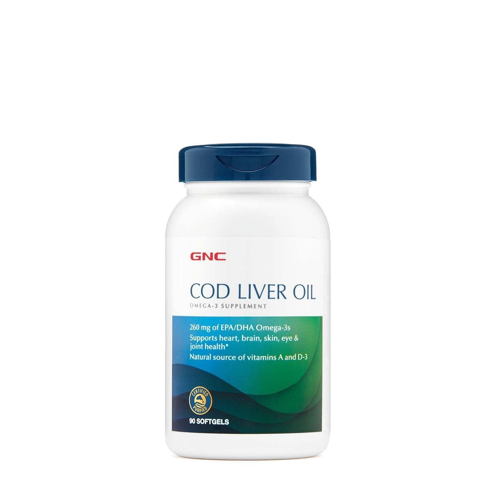 GNC cod liver oil bottle front view highlighting omega 3 benefits for heart and brain