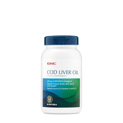 GNC cod liver oil bottle front view highlighting omega 3 benefits for heart and brain