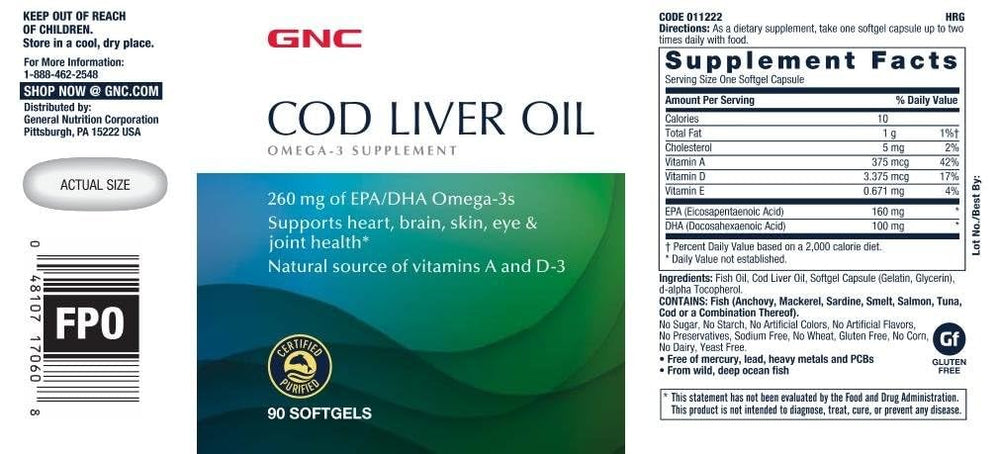 GNC cod liver oil label detail with EPA DHA and vitamins A and D-3 for heart and immune support