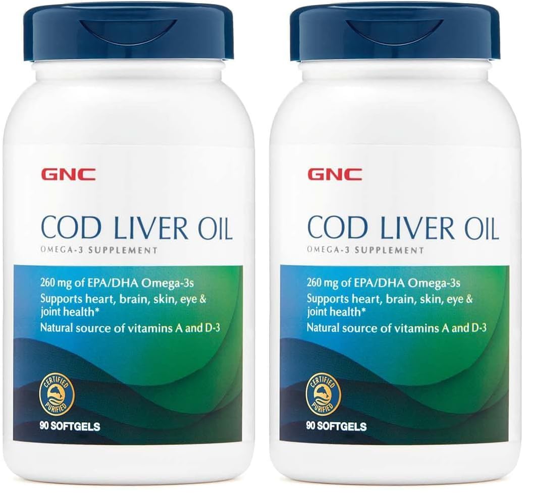 GNC Cod Liver Oil softgels bottle highlighting heart and brain omega-3 benefits.