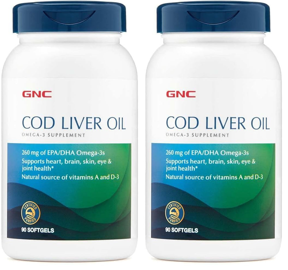 GNC Cod Liver Oil softgels bottle highlighting heart and brain omega-3 benefits.