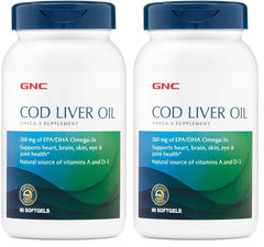 GNC Cod Liver Oil softgels bottle highlighting heart and brain omega-3 benefits.