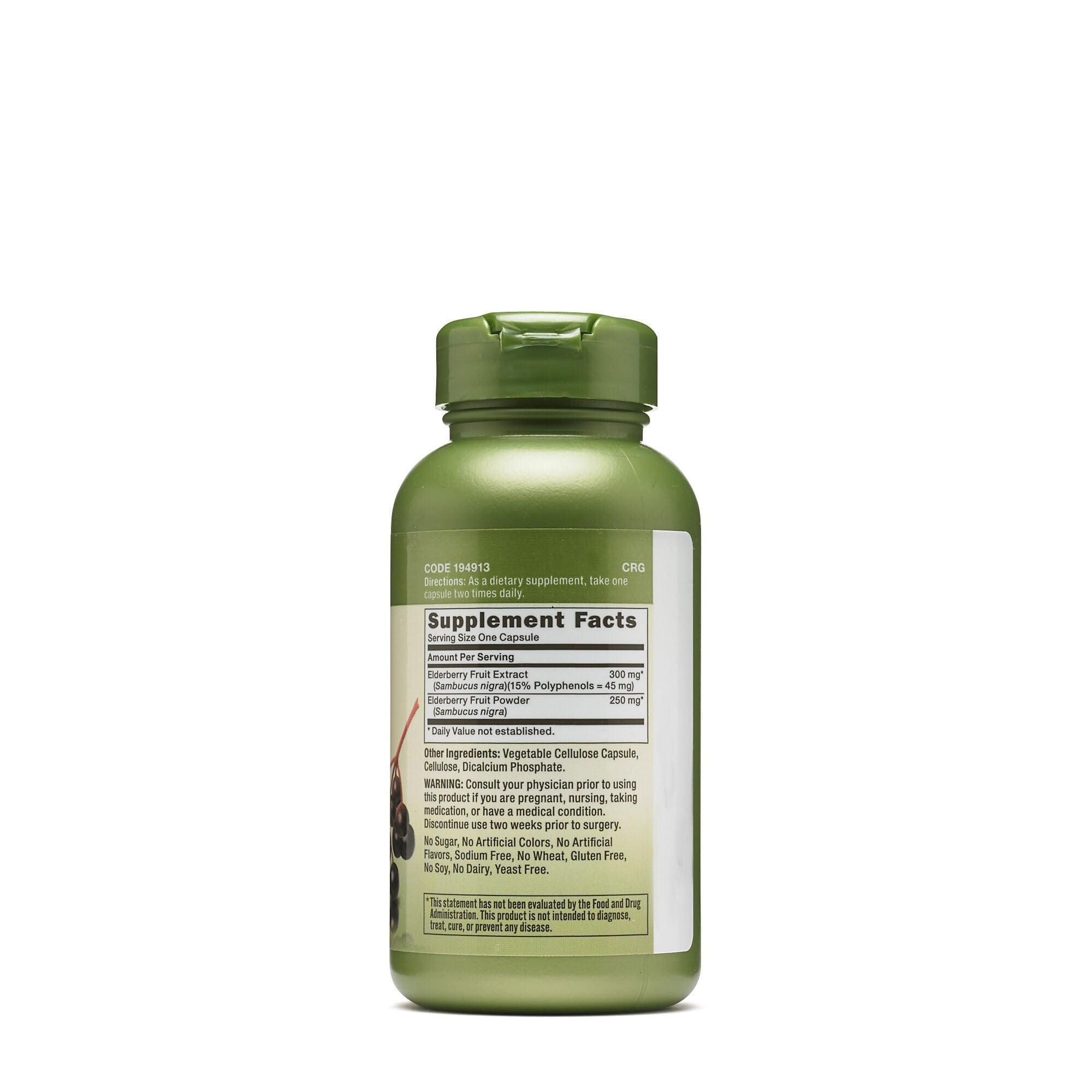 GNC elderberry fruit extract label showing ingredients and daily serving information.