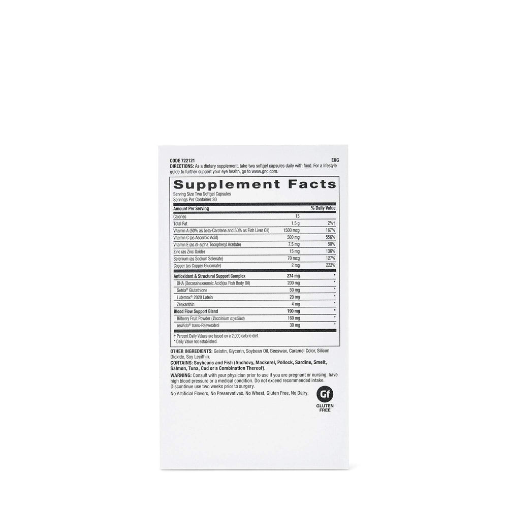 GNC Eye Health Formula bottle back label shows vitamins and minerals for normal eye function