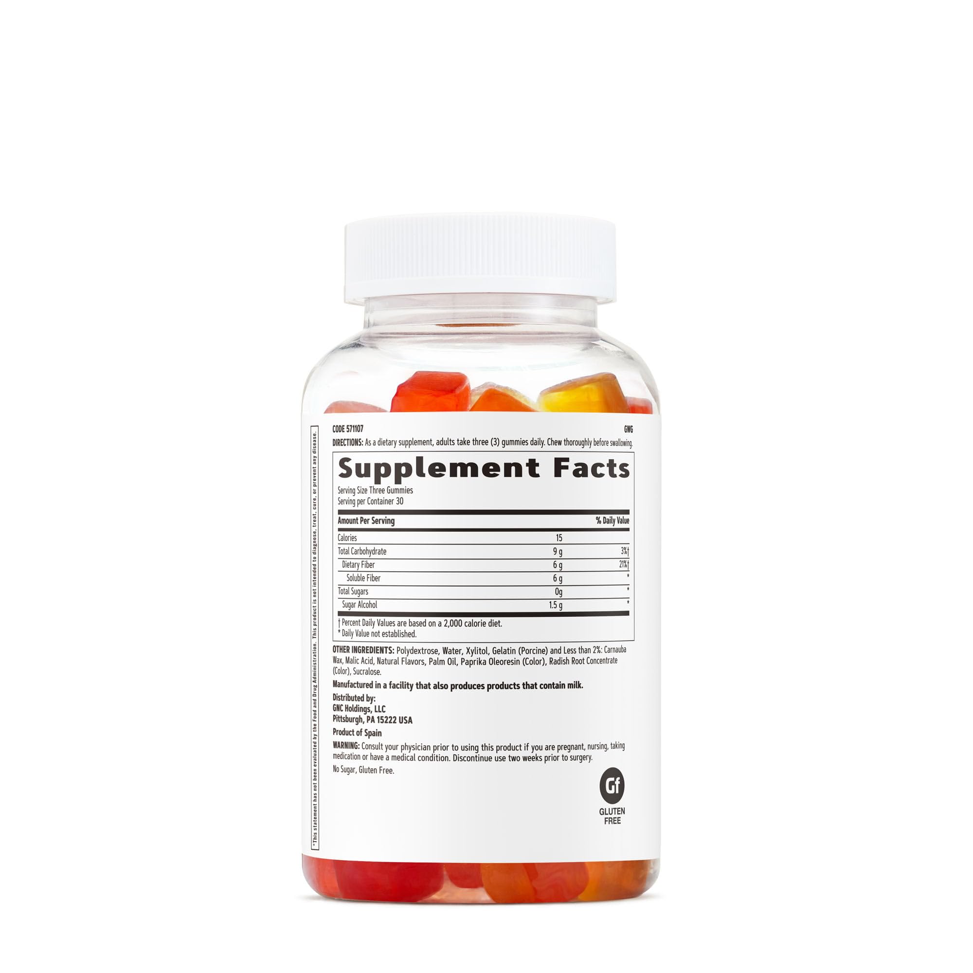 GNC Fiber 6g Gummy close-up with mixed fruit flavor emphasizes easy daily fiber.