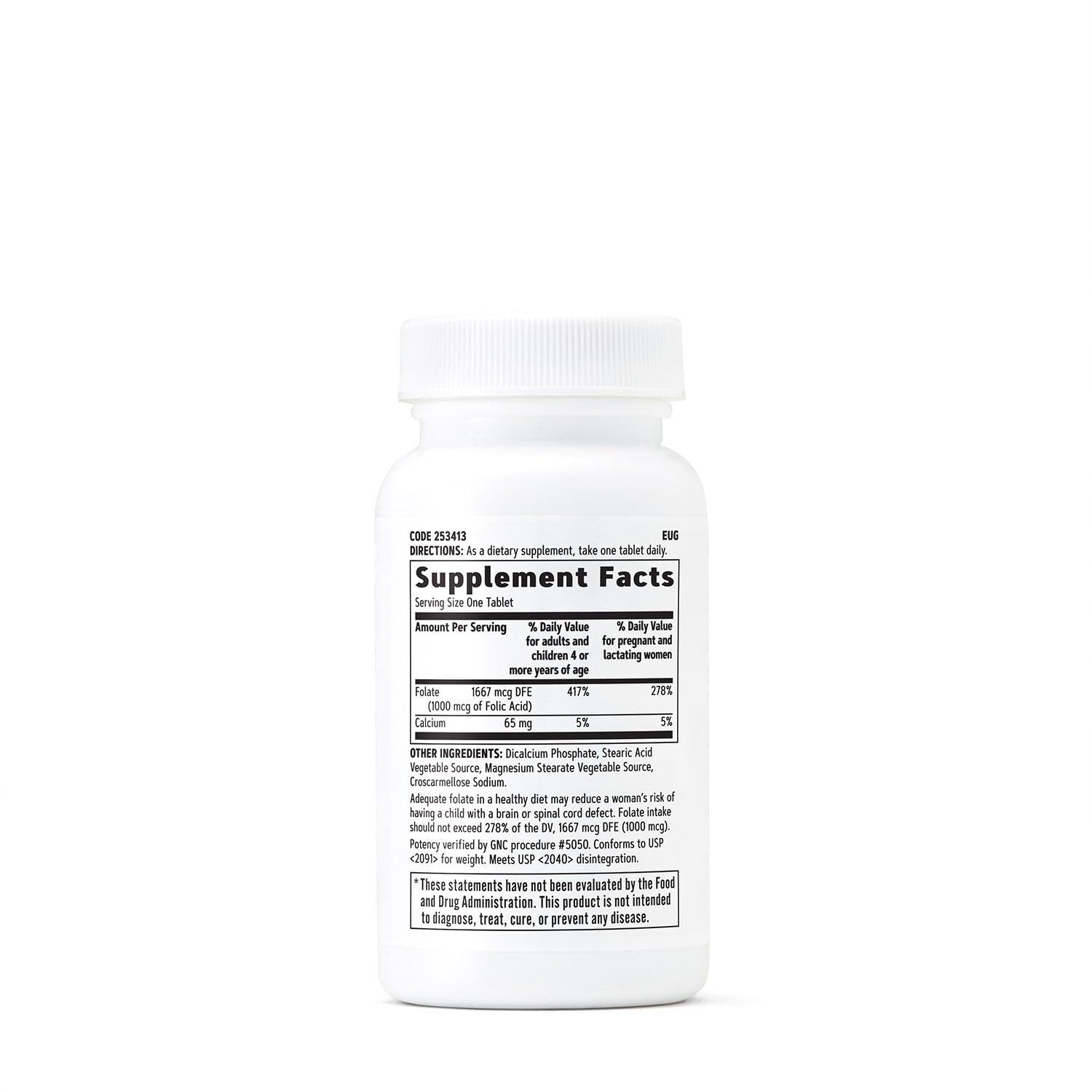 GNC Folic Acid 1000mcg bottle back reveals supplement facts and DV guidance