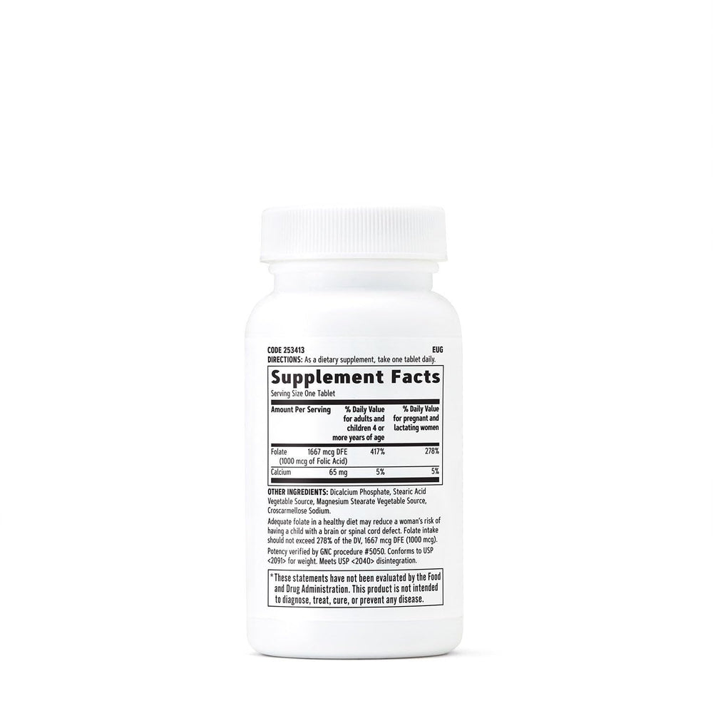 GNC Folic Acid 1000mcg bottle back reveals supplement facts and DV guidance