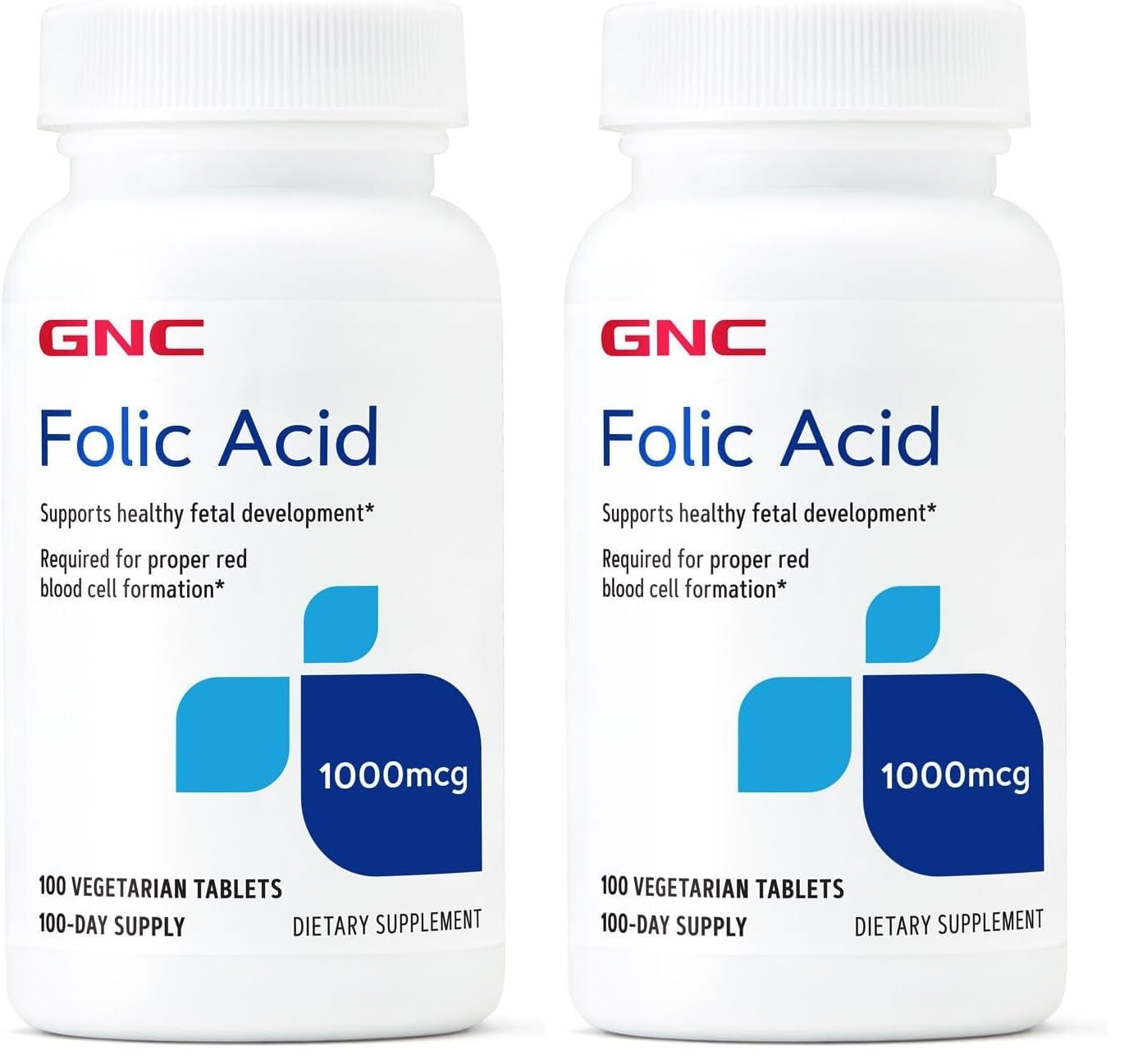 GNC Folic Acid 1000mcg bottle front view emphasizes vegetarian formula for prenatal support