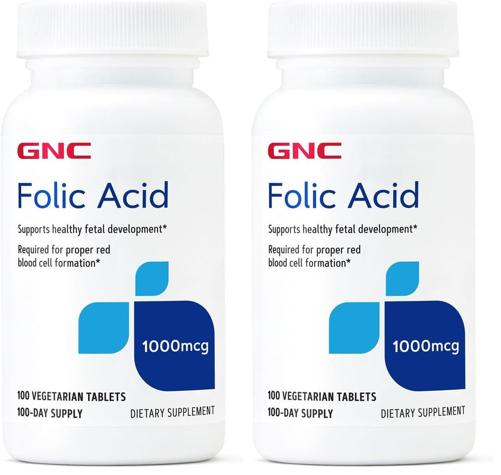 GNC Folic Acid 1000mcg bottle front view emphasizes vegetarian formula for prenatal support