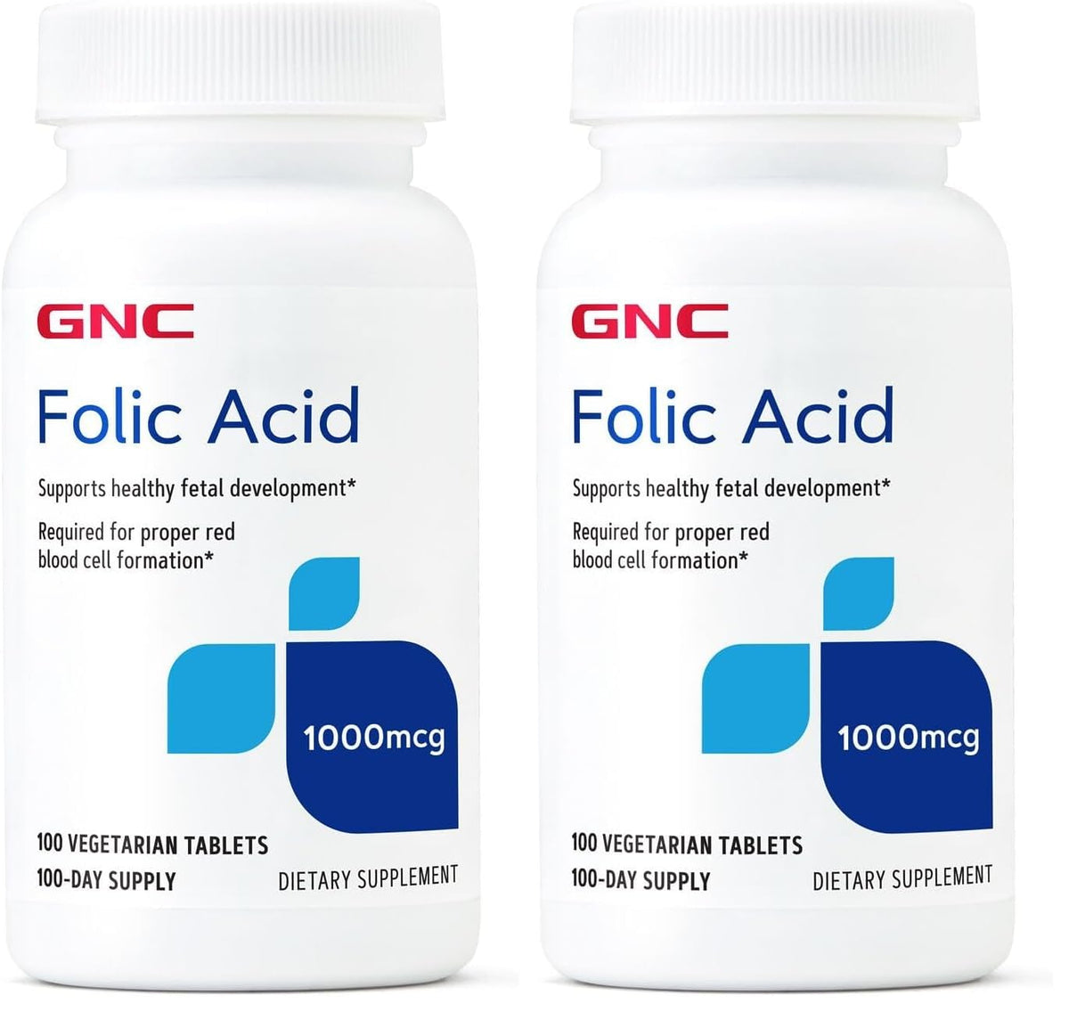 GNC Folic Acid 1000mcg bottle front view emphasizes vegetarian formula for prenatal support