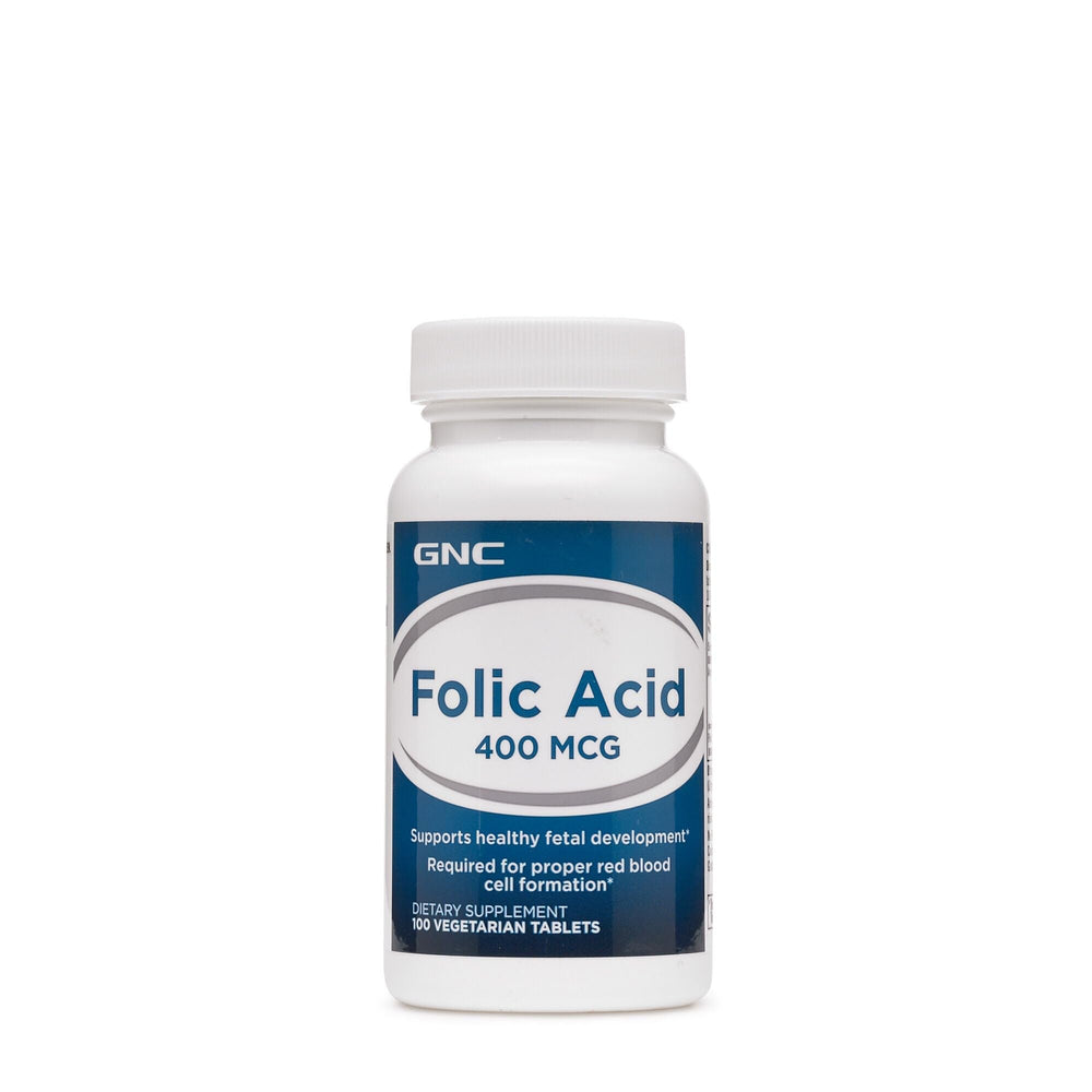 GNC Folic Acid 400mcg bottle for easy daily use; may support fetal development.