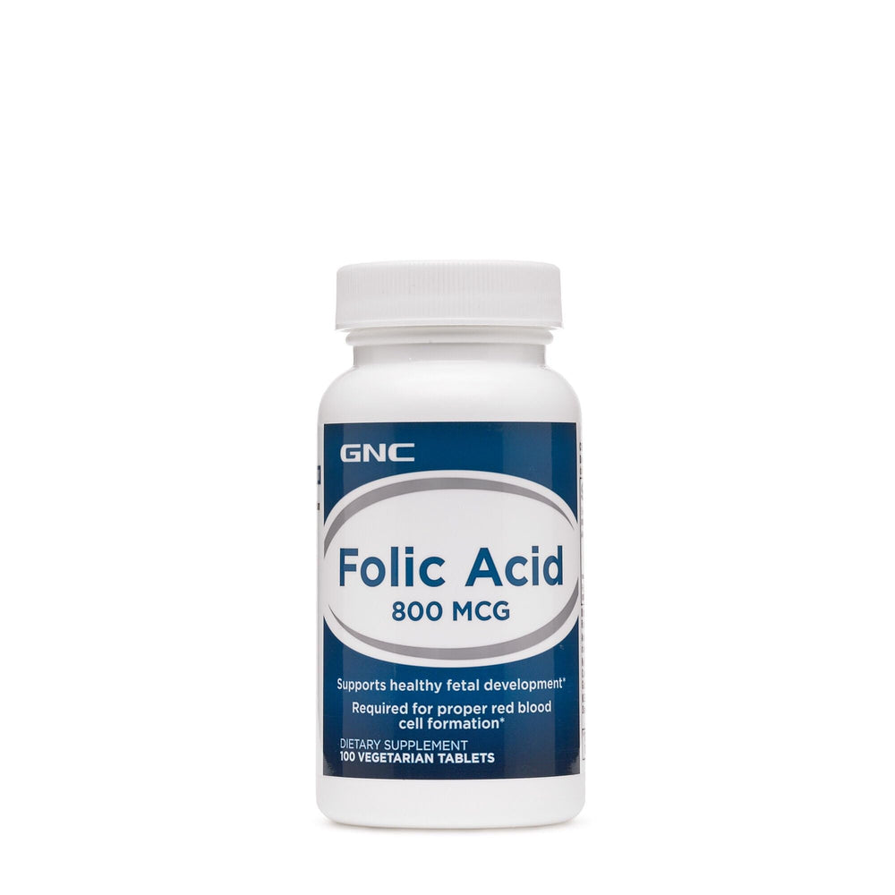 GNC Folic Acid 800mcg bottle on display, supports healthy fetal development