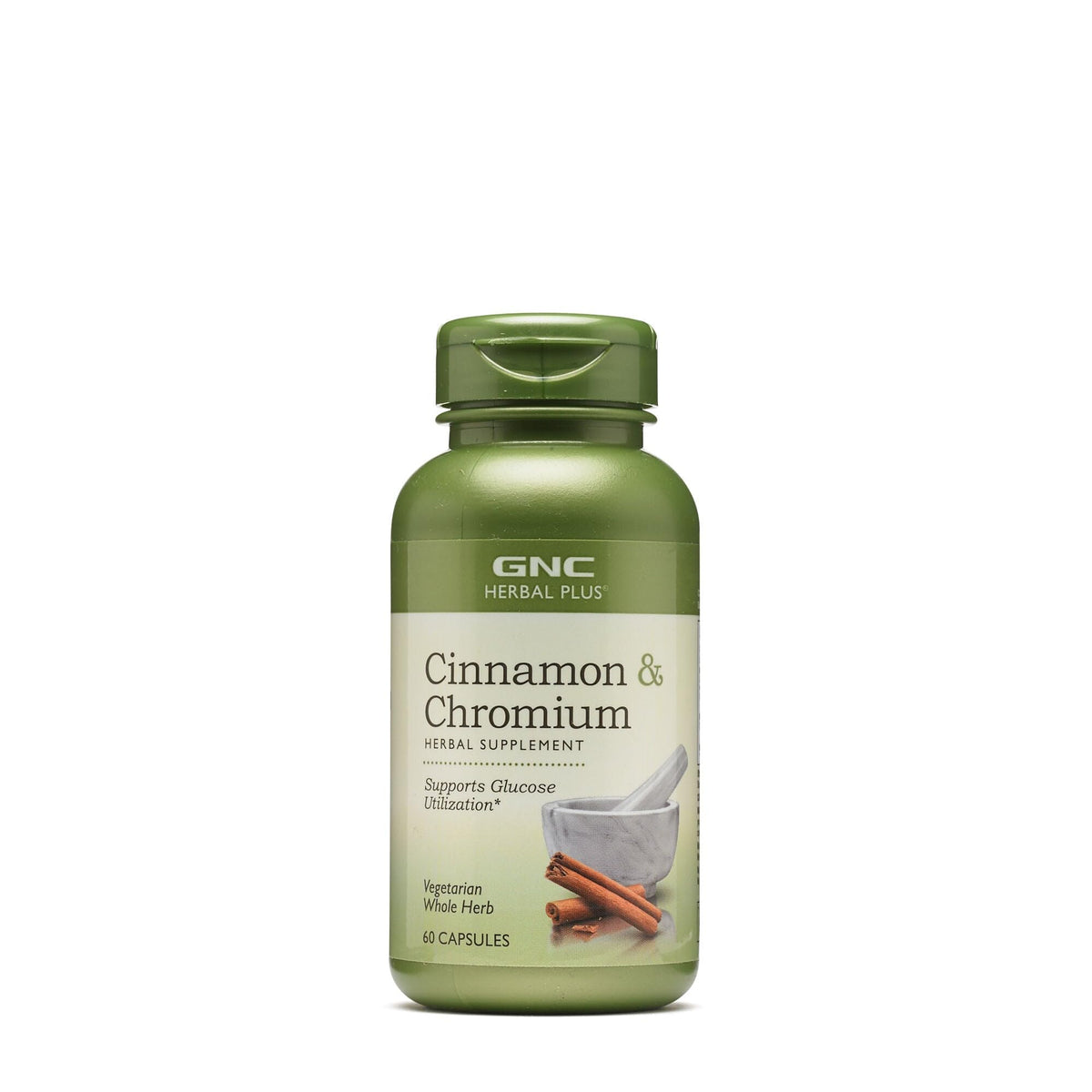 GNC Herbal Plus Cinnamon & Chromium bottle promotes daily metabolic support.