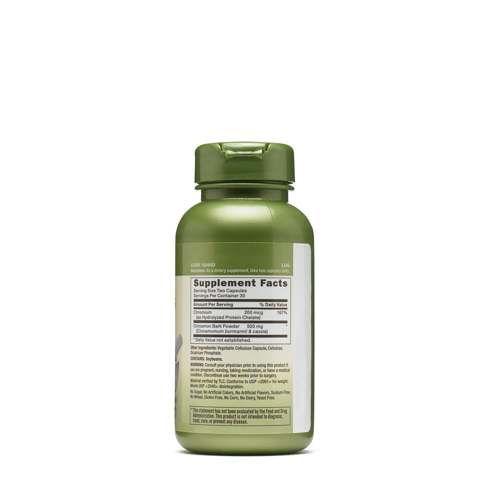 GNC Herbal Plus Cinnamon & Chromium label highlights gluten-free, clean formula.