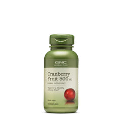 GNC Herbal Plus Cranberry 500mg bottle close-up for urinary health support
