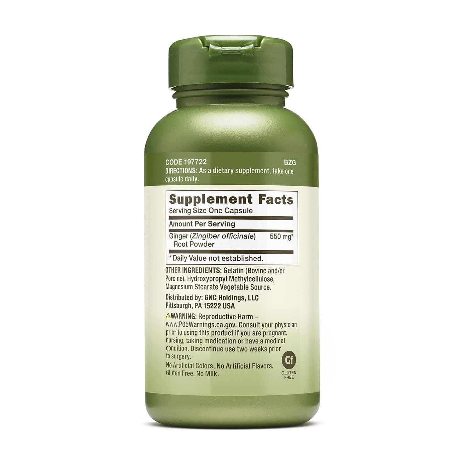 GNC Ginger Root 550mg daily dosage visual highlighting serving size.