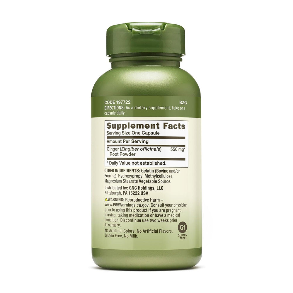 GNC Ginger Root 550mg daily dosage visual highlighting serving size.