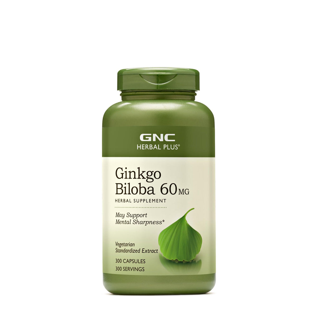 GNC Herbal Plus Ginkgo Biloba 60mg bottle front view supports mental alertness.