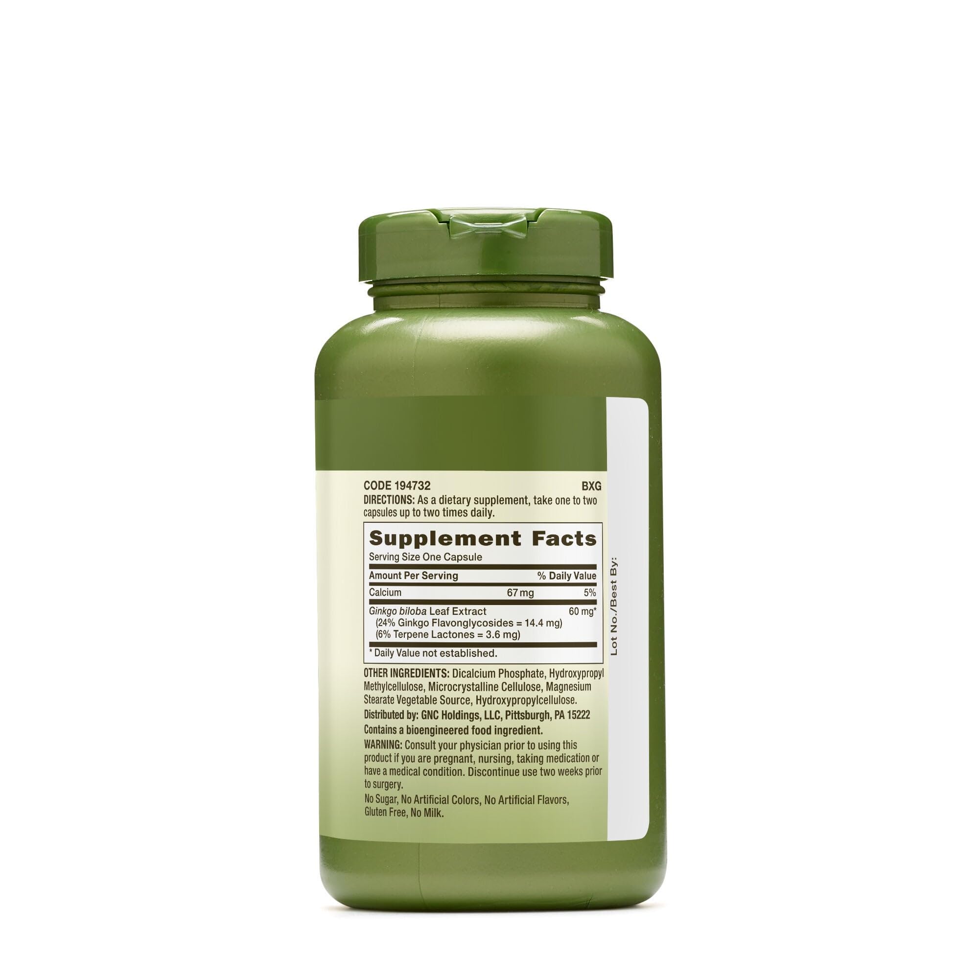 GNC Herbal Plus Ginkgo Biloba capsules and label highlight vegetarian formulation.