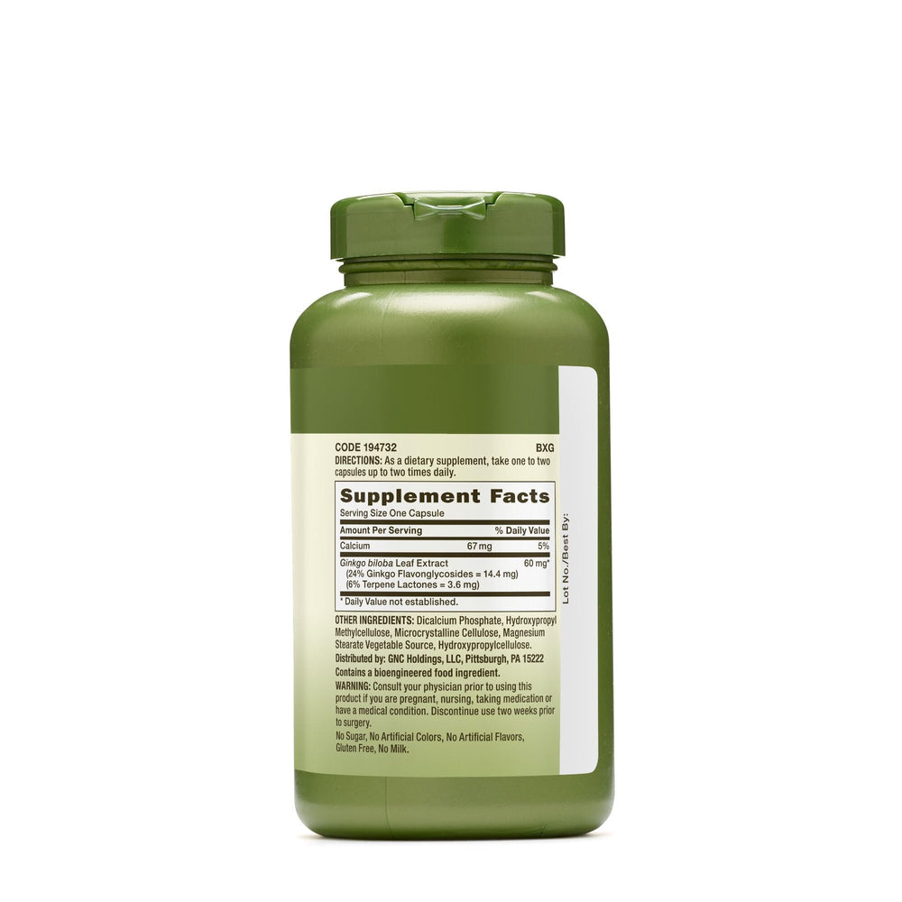 GNC Herbal Plus Ginkgo Biloba capsules and label highlight vegetarian formulation.