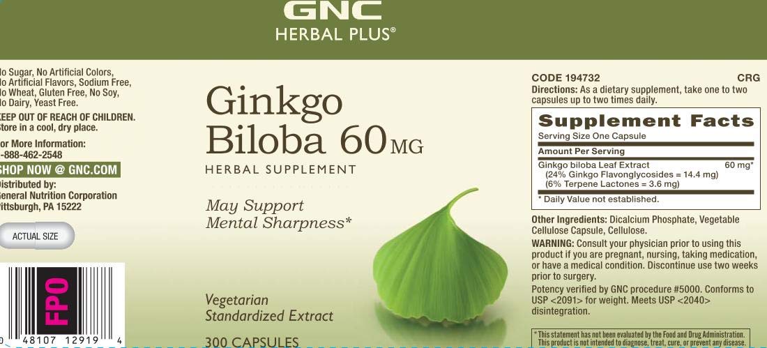 GNC Herbal Plus Ginkgo Biloba 60mg bottle back showing servings for daily wellness.