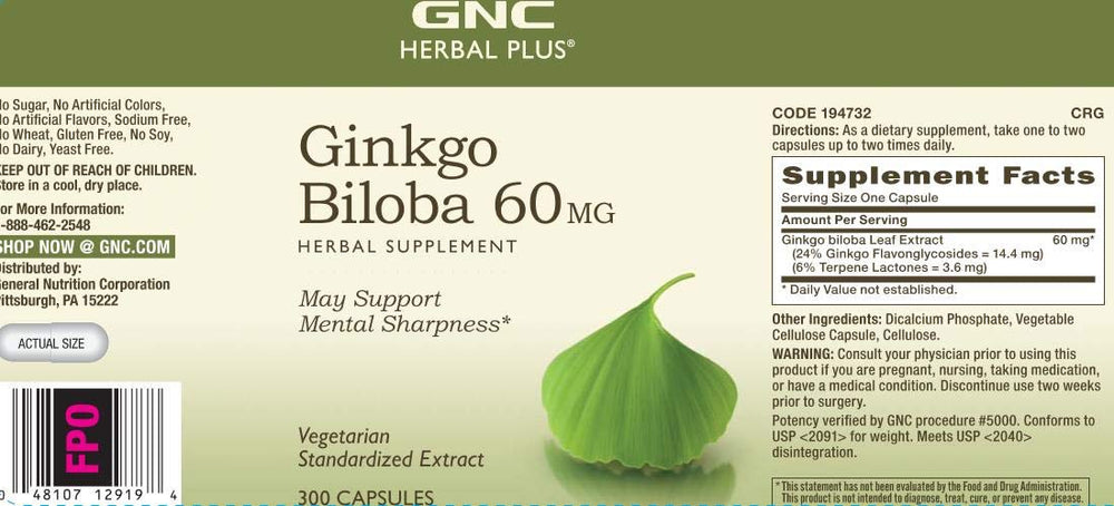 GNC Herbal Plus Ginkgo Biloba 60mg bottle back showing servings for daily wellness.