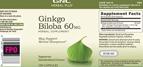 GNC Herbal Plus Ginkgo Biloba label closeup highlights quality and 60mg potency