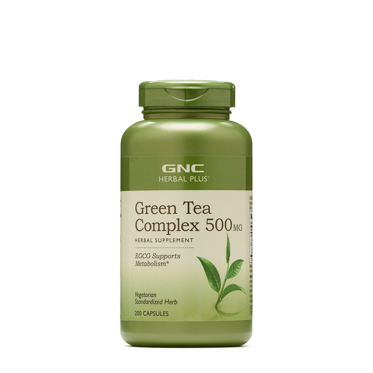GNC Herbal Plus Green Tea Complex bottle highlighting 200 servings and metabolism support