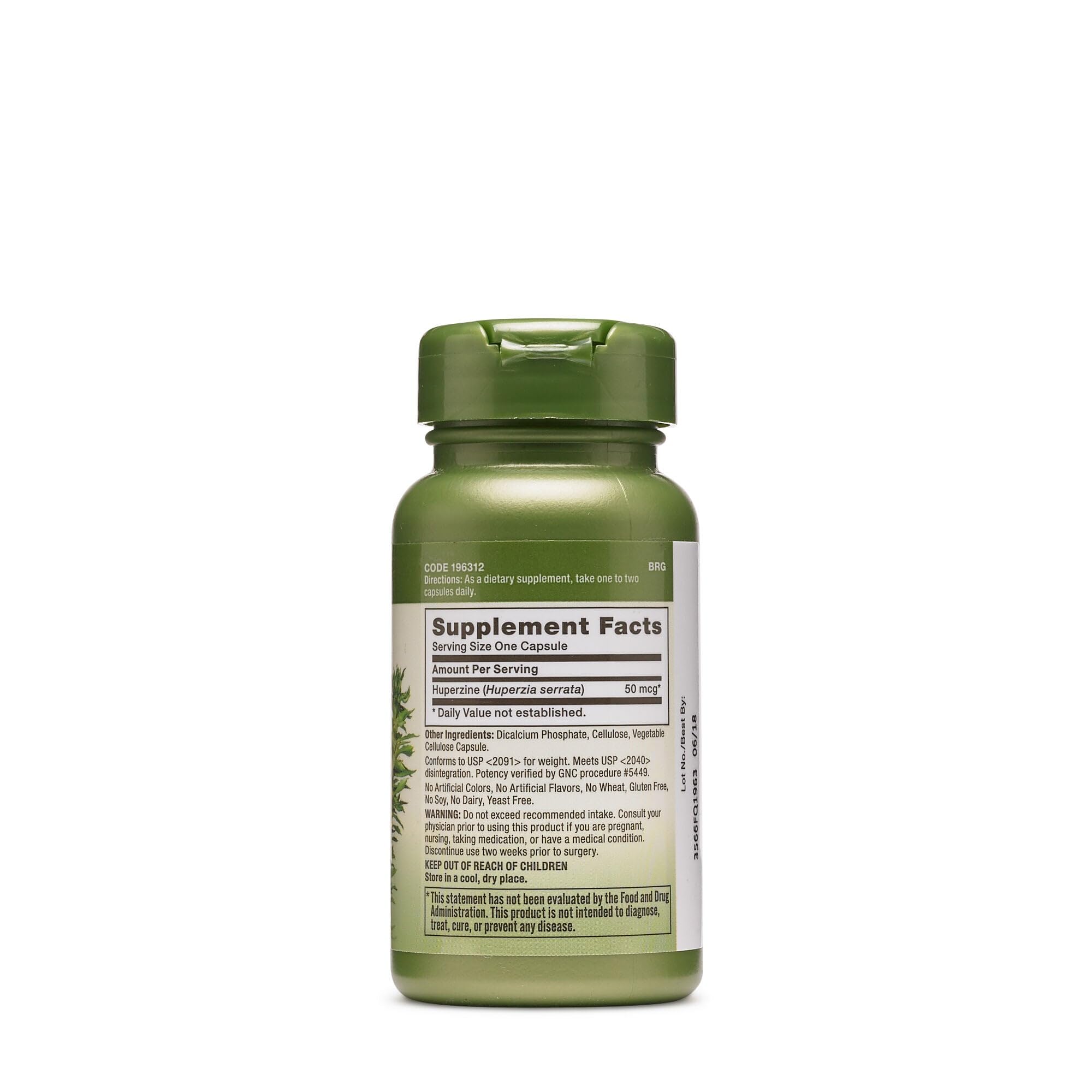 GNC Herbal Plus Huperzine A ingredient panel highlights vegetarian formulation