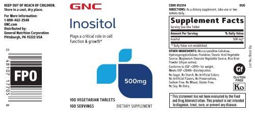GNC Inositol 500mg tablets close-up highlighting a clean, gluten-free formula