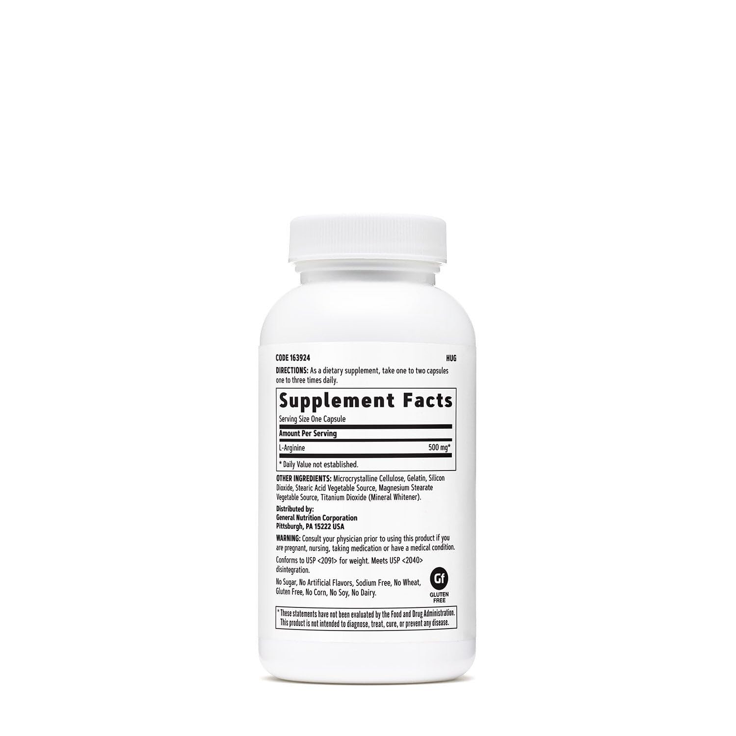 GNC L-Arginine 500mg bottle label confirms dosage and quality