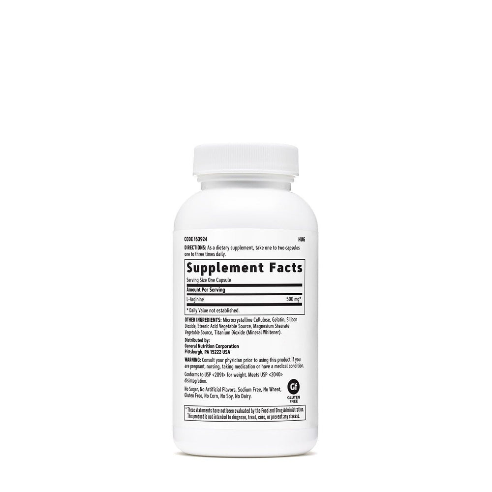 GNC L-Arginine 500mg bottle label confirms dosage and quality