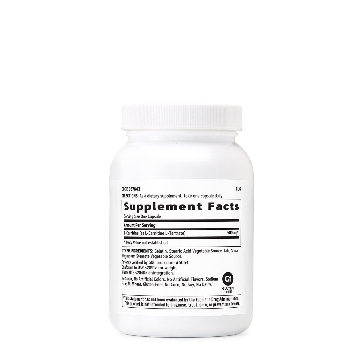GNC L-Carnitine 500mg bottle front aids quick daily supplement access.